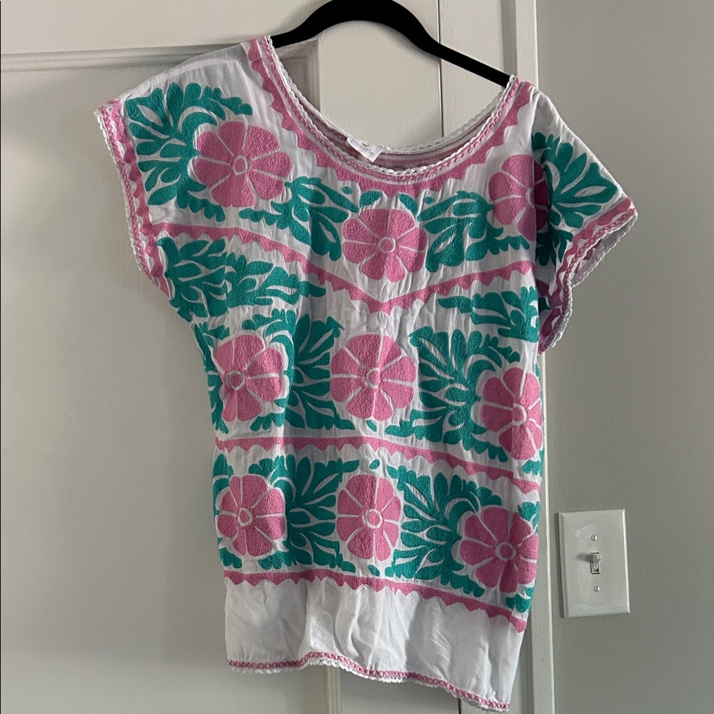 Vibrant Floral Embroidered Blouse - Pink and Green